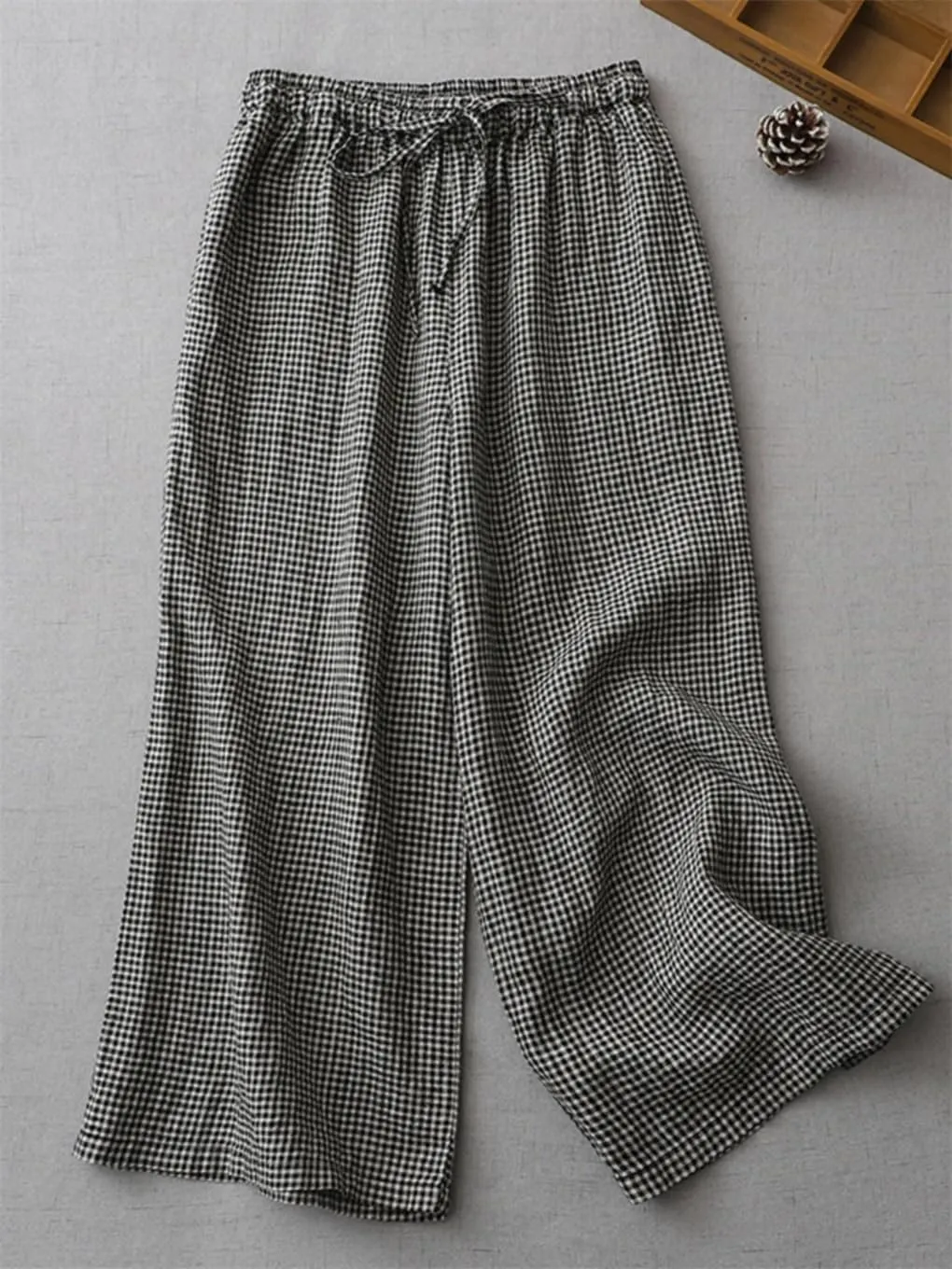Women 2025 Summer Plaid Cotton Linen Trousers Elastic Waist Loose Casual Wide-Leg Pants