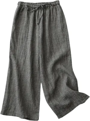Women 2025 Summer Plaid Cotton Linen Trousers Elastic Waist Loose Casual Wide-Leg Pants