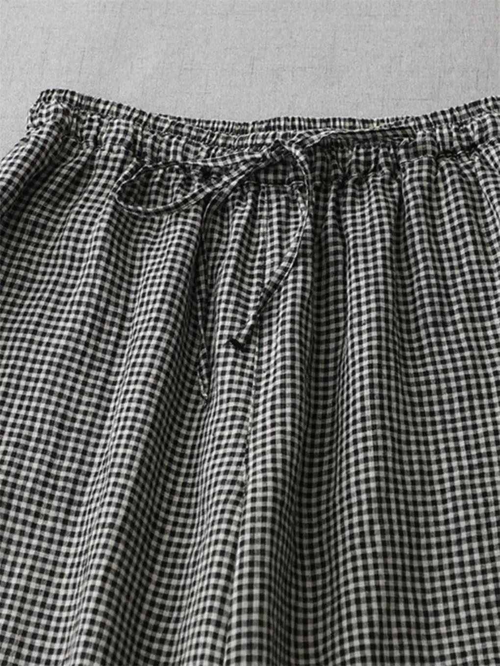 Women 2025 Summer Plaid Cotton Linen Trousers Elastic Waist Loose Casual Wide-Leg Pants