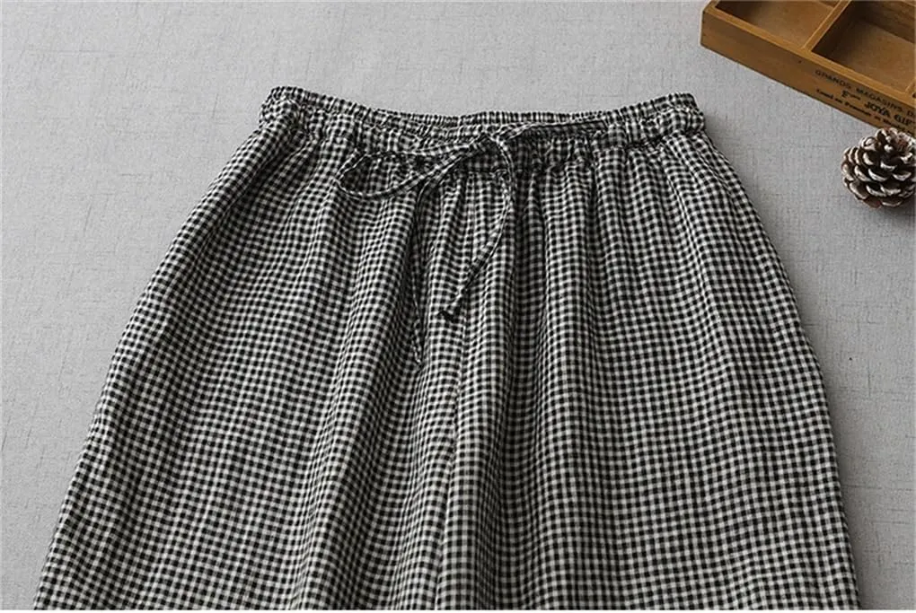 Women 2025 Summer Plaid Cotton Linen Trousers Elastic Waist Loose Casual Wide-Leg Pants