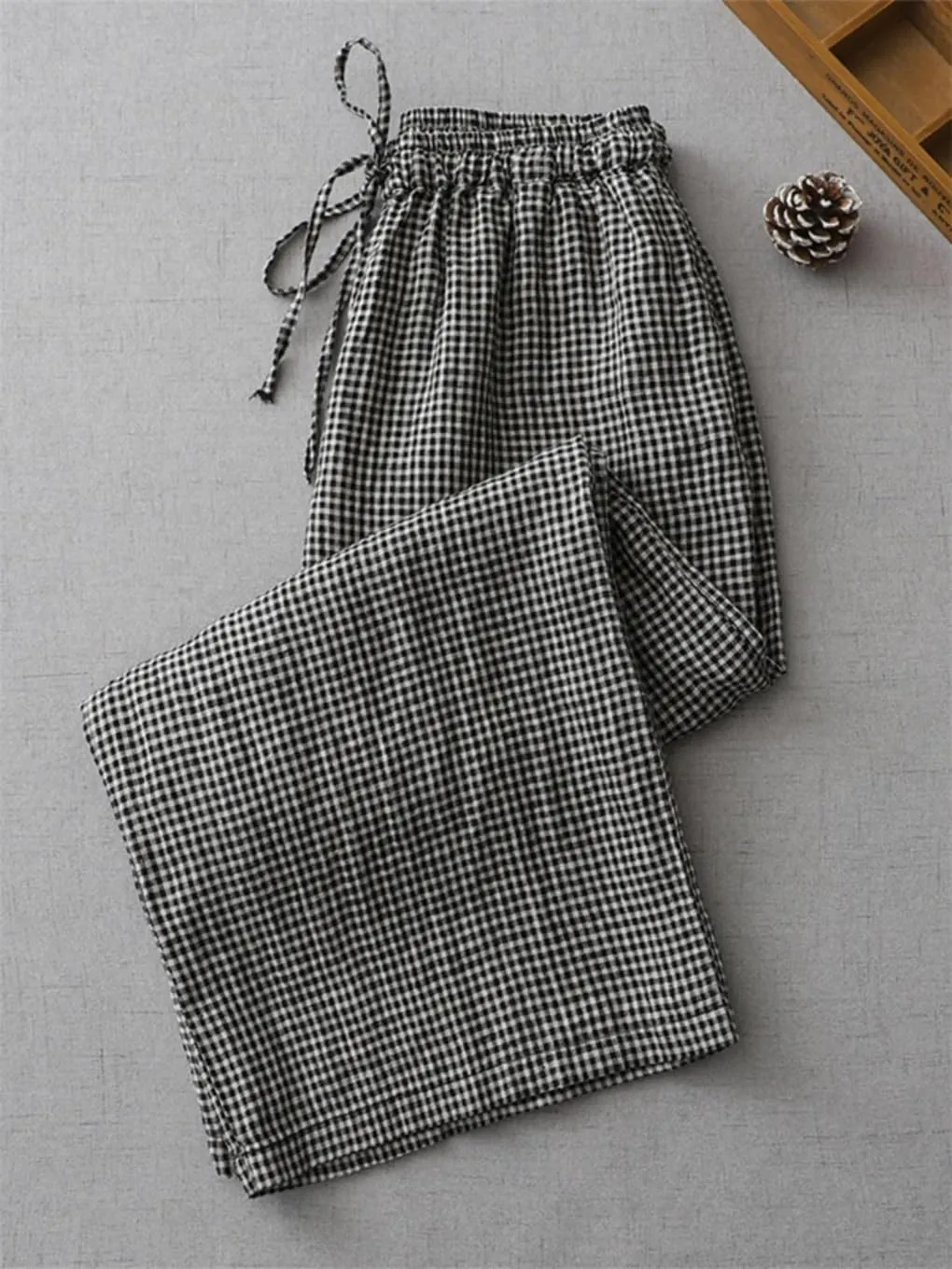 Women 2025 Summer Plaid Cotton Linen Trousers Elastic Waist Loose Casual Wide-Leg Pants
