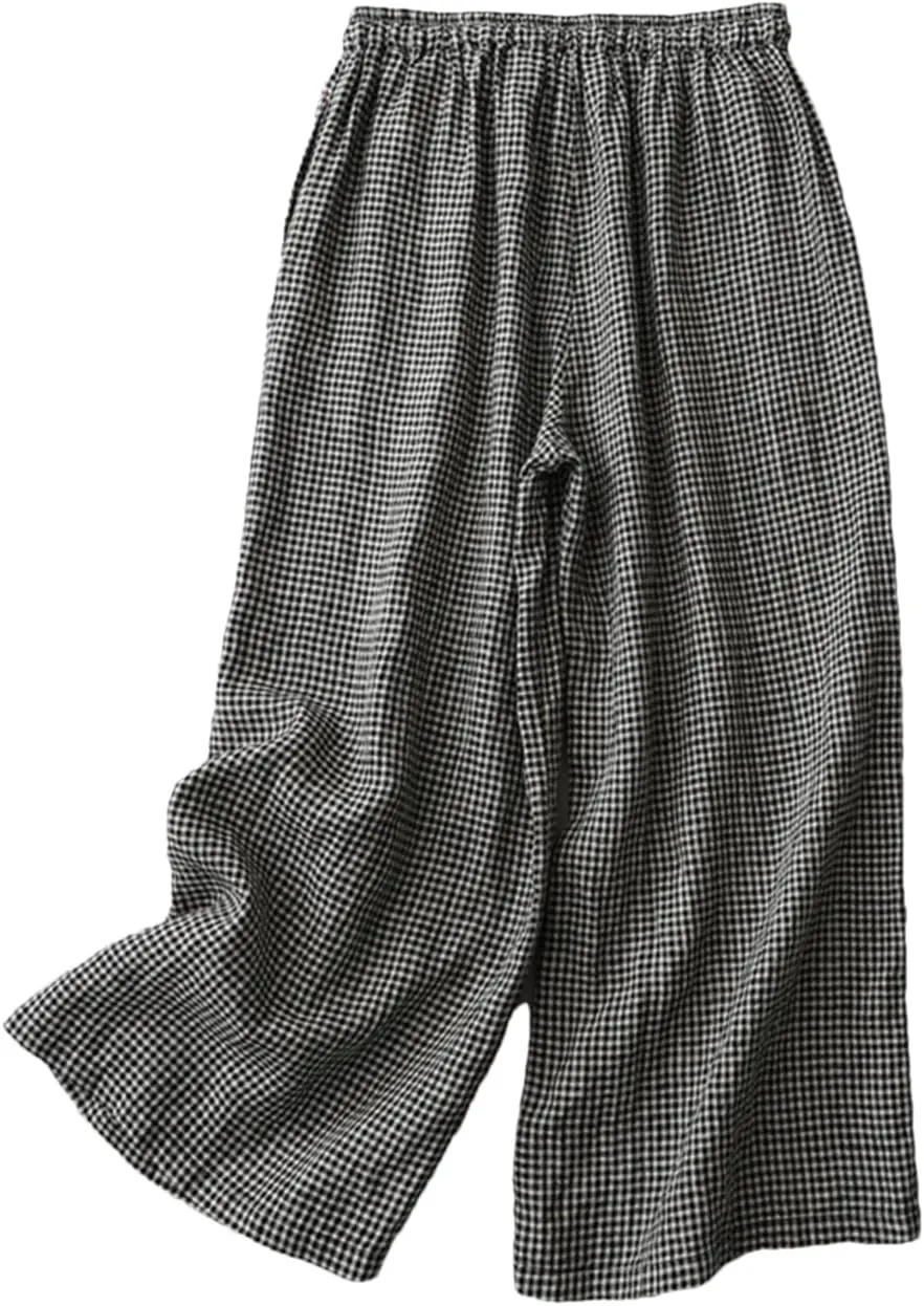 Women 2025 Summer Plaid Cotton Linen Trousers Elastic Waist Loose Casual Wide-Leg Pants