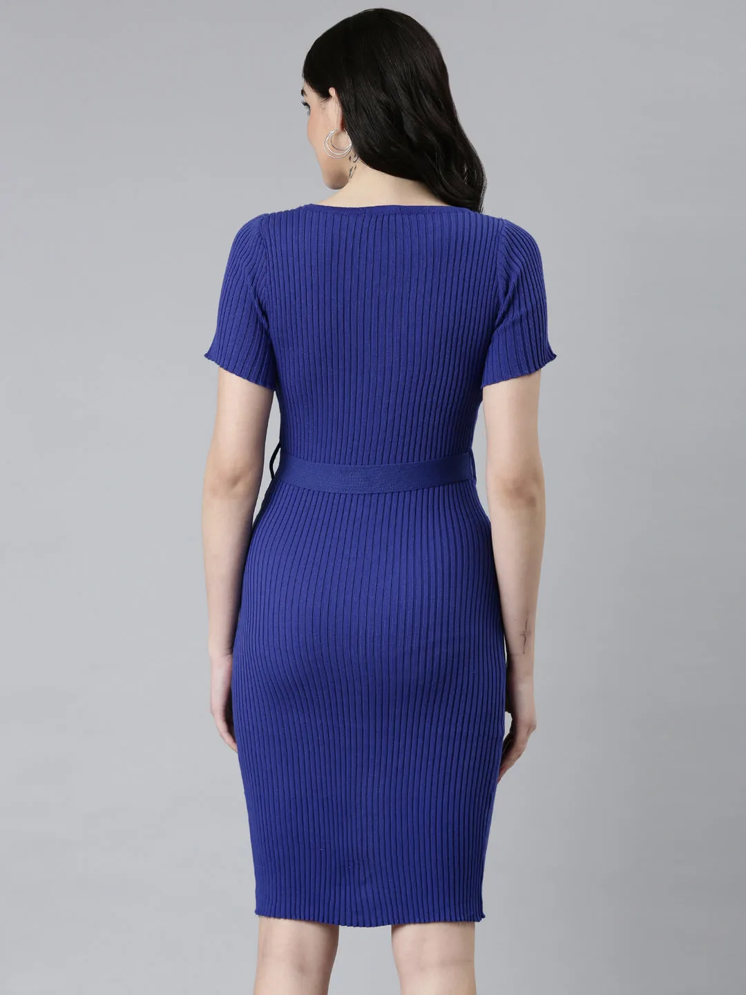 Women Blue Self Design Short Sleeves Bodycon Dress