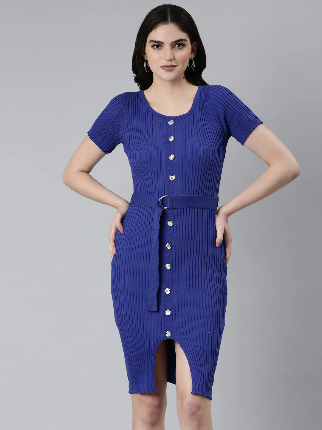 Women Blue Self Design Short Sleeves Bodycon Dress