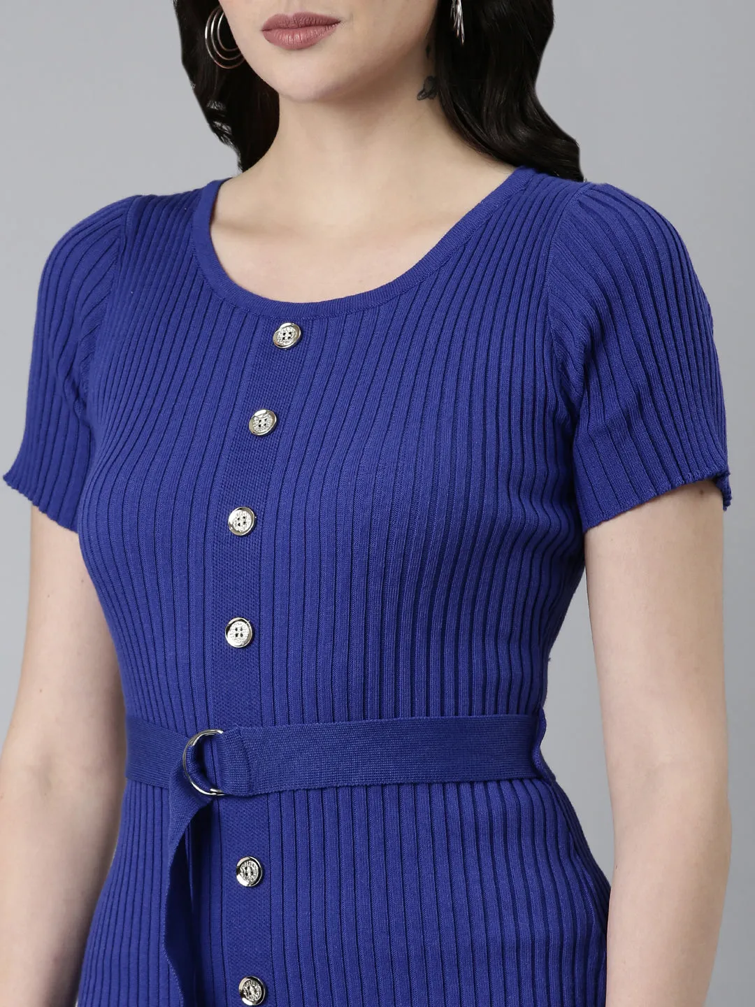Women Blue Self Design Short Sleeves Bodycon Dress