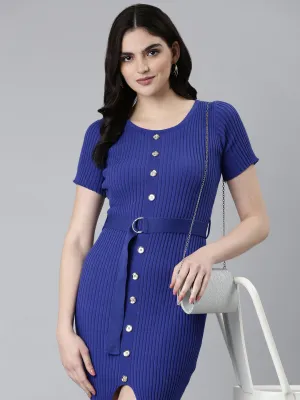 Women Blue Self Design Short Sleeves Bodycon Dress