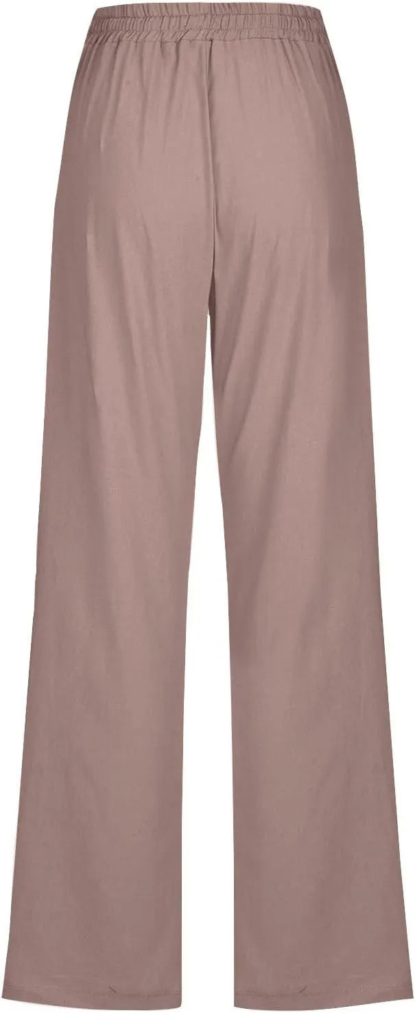 Women Casual Linen High Waist Pants Drawstring Loose Fit Summer Pant Straight Trouser Slacks Clothes with Side Pockets