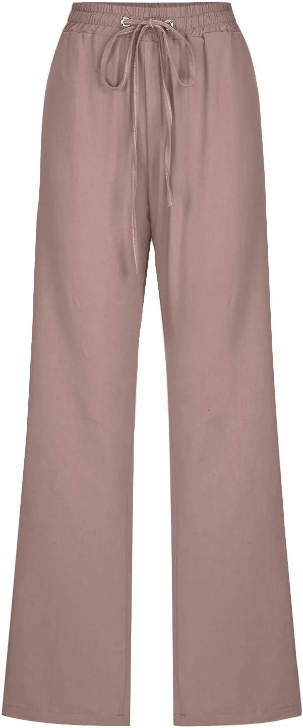 Women Casual Linen High Waist Pants Drawstring Loose Fit Summer Pant Straight Trouser Slacks Clothes with Side Pockets