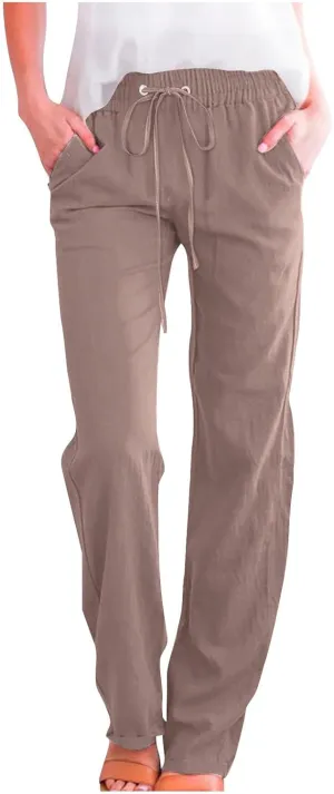 Women Casual Linen High Waist Pants Drawstring Loose Fit Summer Pant Straight Trouser Slacks Clothes with Side Pockets