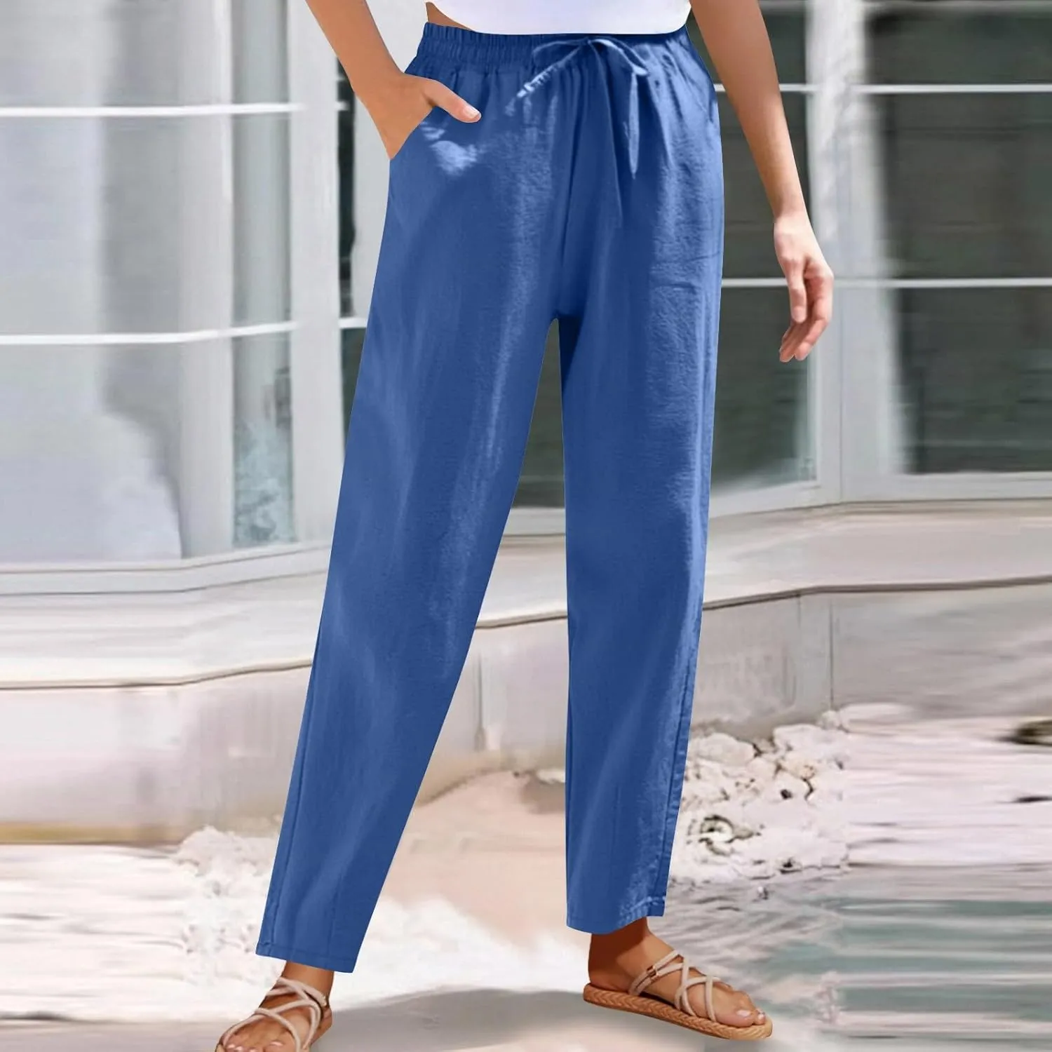 Women Cotton Linen Straight Leg Pants Elastic Drawstring Casual Jogger Trousers with Pockets Summer Beach Lounge Pants