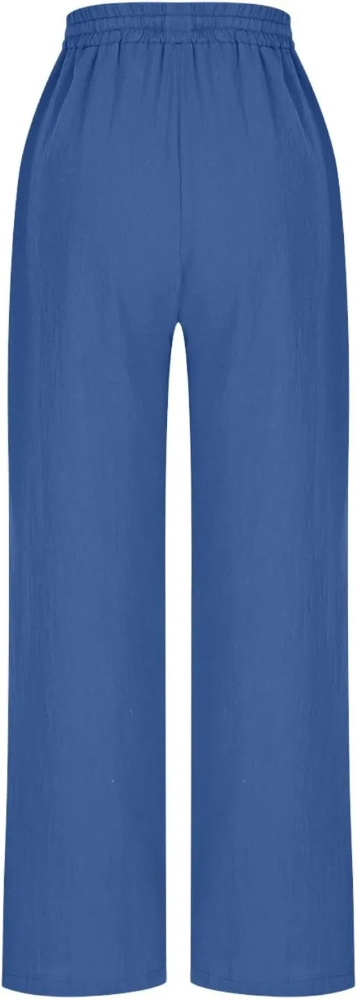 Women Cotton Linen Straight Leg Pants Elastic Drawstring Casual Jogger Trousers with Pockets Summer Beach Lounge Pants