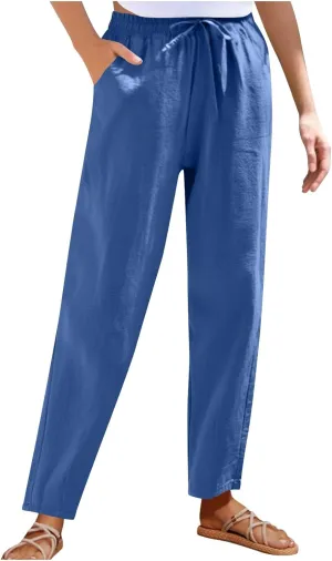 Women Cotton Linen Straight Leg Pants Elastic Drawstring Casual Jogger Trousers with Pockets Summer Beach Lounge Pants