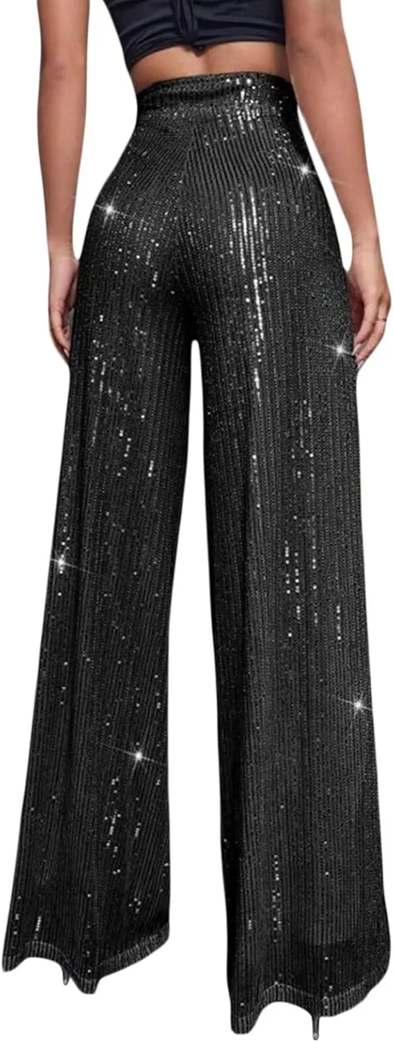 Women Elegant High Waist Wide Leg Shiny Sequined Pants Loose Fit Trousers Disco Outfit Party Clubwear