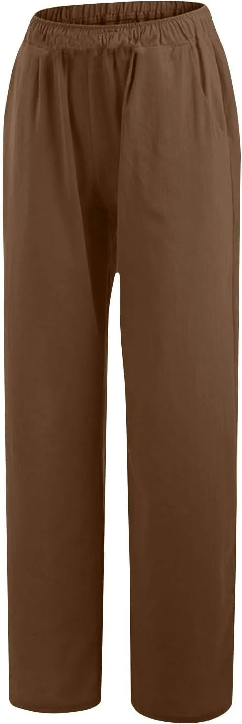 Women High Waist Wide Leg Linen Palazzo Pants with 4 Pockets Summer Bottoms Pant Elastic Waist Relax Fit Trousers