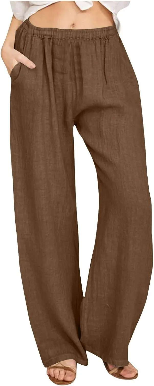 Women High Waist Wide Leg Linen Palazzo Pants with 4 Pockets Summer Bottoms Pant Elastic Waist Relax Fit Trousers