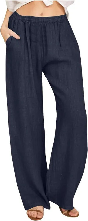 Women High Waist Wide Leg Linen Palazzo Pants with 4 Pockets Summer Bottoms Pant Elastic Waist Relax Fit Trousers