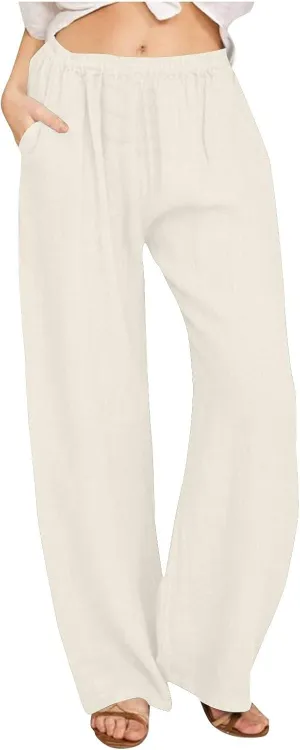 Women High Waist Wide Leg Linen Palazzo Pants with 4 Pockets Summer Bottoms Pant Elastic Waist Relax Fit Trousers