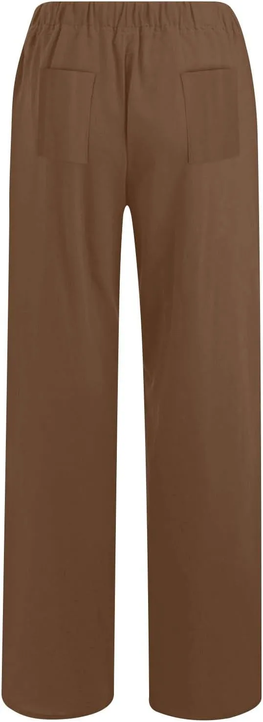 Women High Waist Wide Leg Linen Palazzo Pants with 4 Pockets Summer Bottoms Pant Elastic Waist Relax Fit Trousers