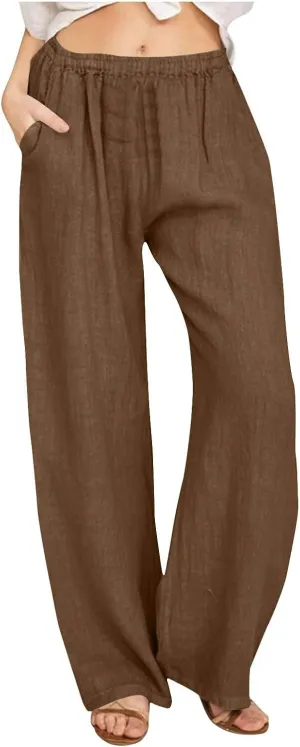 Women High Waist Wide Leg Linen Palazzo Pants with 4 Pockets Summer Bottoms Pant Elastic Waist Relax Fit Trousers