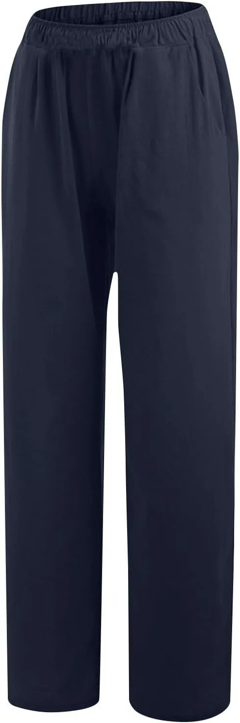 Women High Waist Wide Leg Linen Palazzo Pants with 4 Pockets Summer Bottoms Pant Elastic Waist Relax Fit Trousers