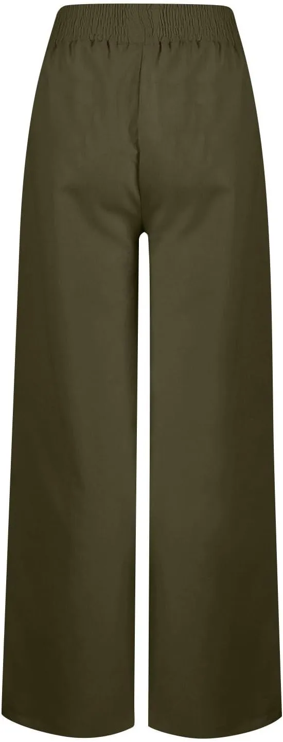 Women High Waist Wide Leg Linen Palazzo Pants with Pockets Loose Summer Button Elastic Waist Beach Lounge Trousers
