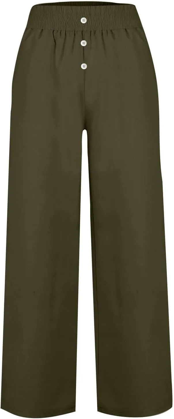 Women High Waist Wide Leg Linen Palazzo Pants with Pockets Loose Summer Button Elastic Waist Beach Lounge Trousers