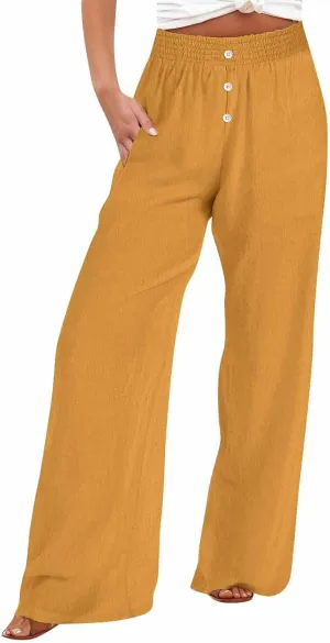 Women High Waist Wide Leg Linen Palazzo Pants with Pockets Loose Summer Button Elastic Waist Beach Lounge Trousers