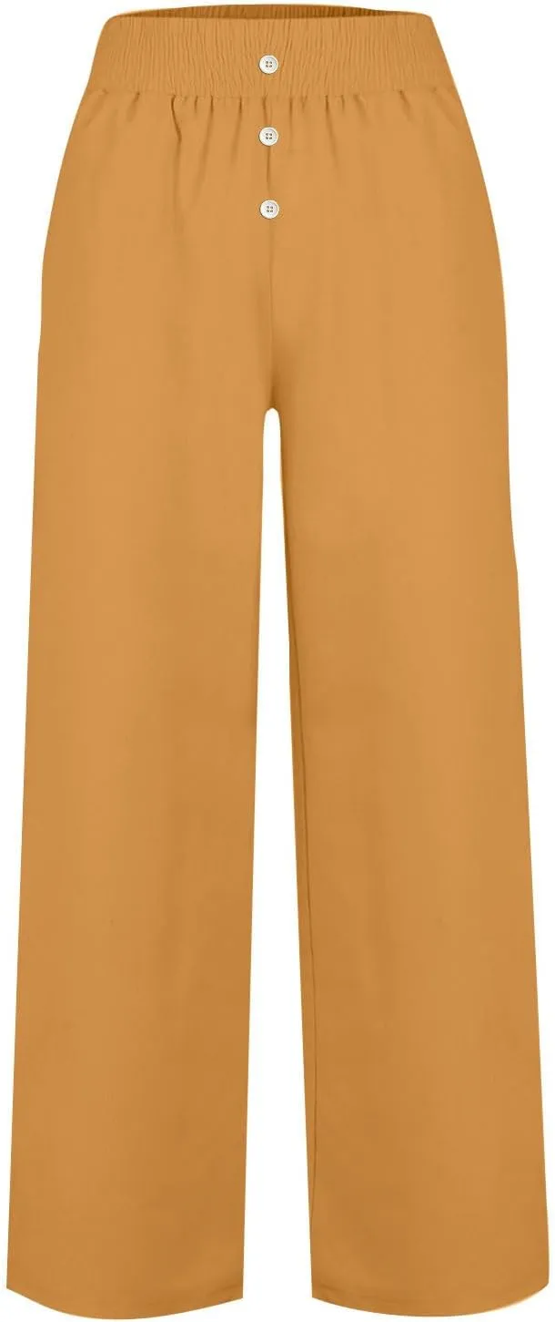 Women High Waist Wide Leg Linen Palazzo Pants with Pockets Loose Summer Button Elastic Waist Beach Lounge Trousers