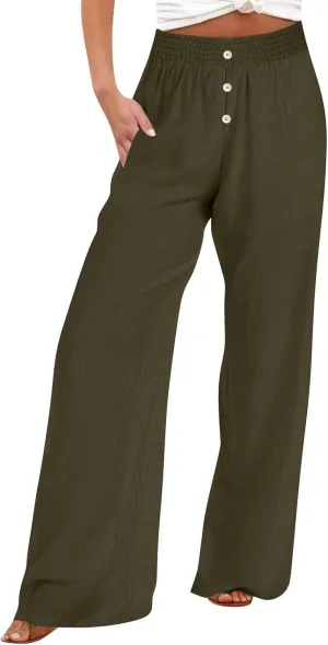 Women High Waist Wide Leg Linen Palazzo Pants with Pockets Loose Summer Button Elastic Waist Beach Lounge Trousers