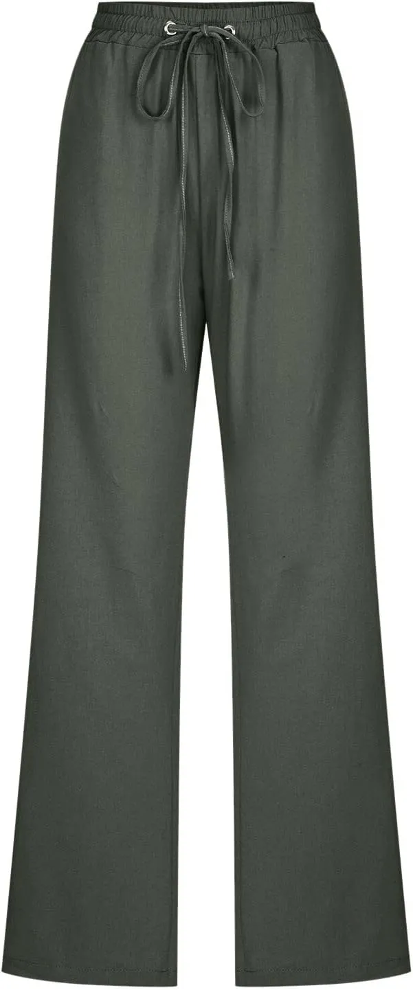 Women High Waisted Wide Leg Pants Casual Drawstring Elastic Trousers Comfy Straight Leg Long Pants with Pockets Casual