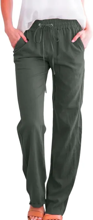 Women High Waisted Wide Leg Pants Casual Drawstring Elastic Trousers Comfy Straight Leg Long Pants with Pockets Casual