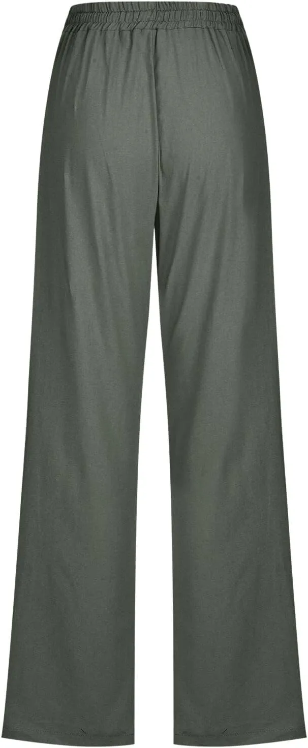Women High Waisted Wide Leg Pants Casual Drawstring Elastic Trousers Comfy Straight Leg Long Pants with Pockets Casual