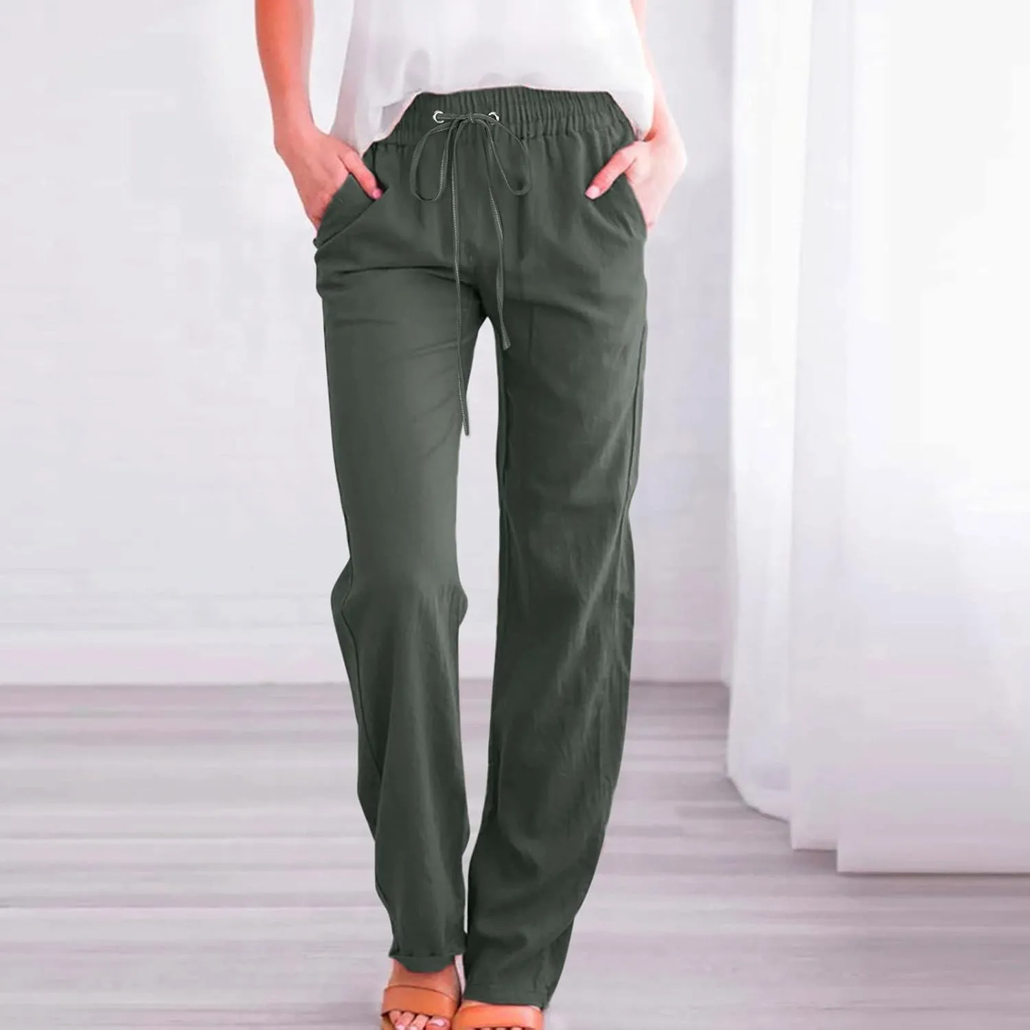 Women High Waisted Wide Leg Pants Casual Drawstring Elastic Trousers Comfy Straight Leg Long Pants with Pockets Casual