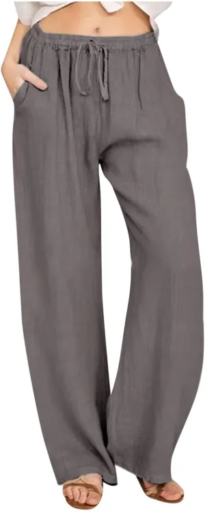 Women Linen Palazzo Pants with Pockets Plus Size Drawstring Summer Bottoms Wide Leg Casual Flowy Beach Trousers