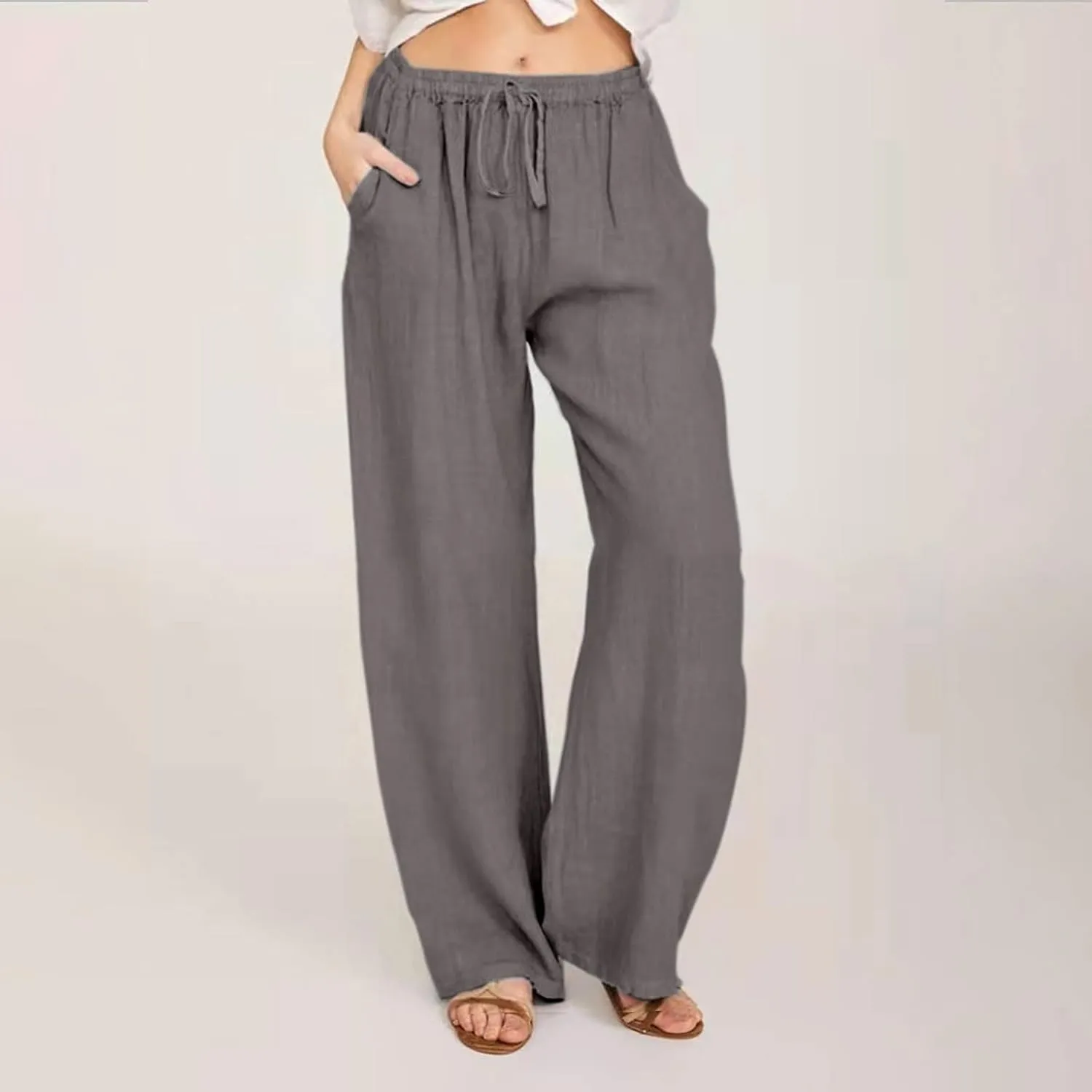 Women Linen Palazzo Pants with Pockets Plus Size Drawstring Summer Bottoms Wide Leg Casual Flowy Beach Trousers