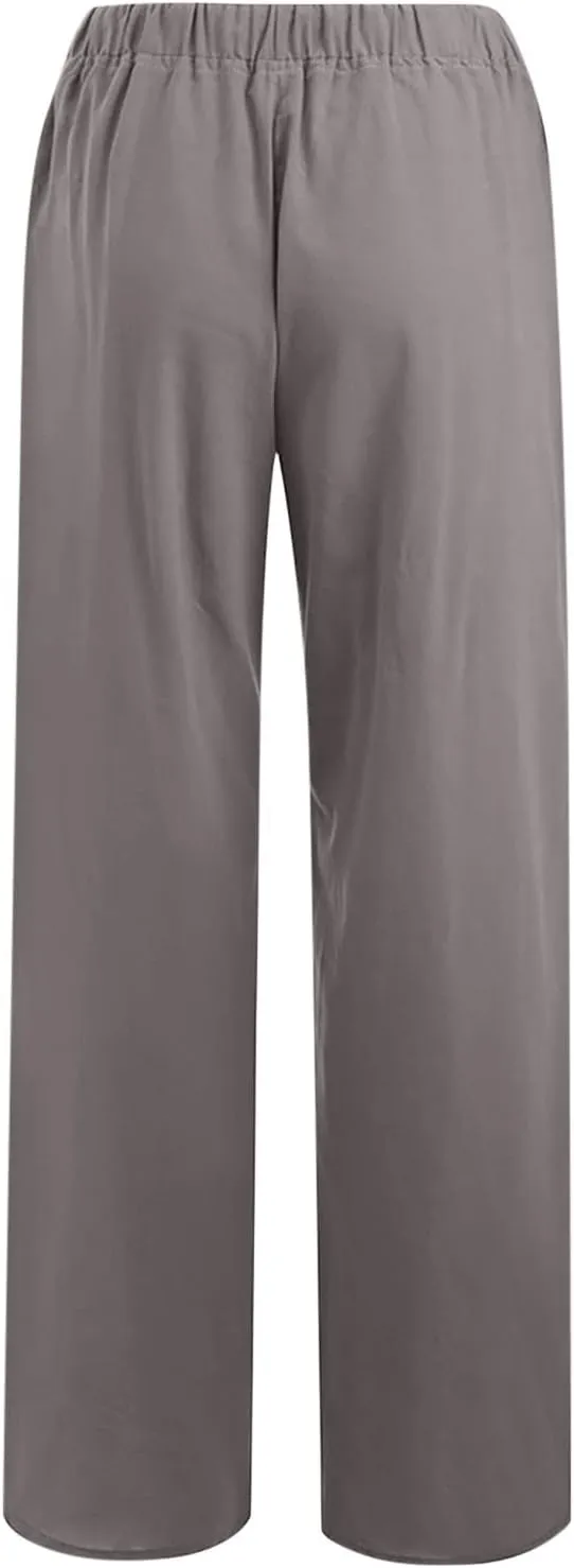 Women Linen Palazzo Pants with Pockets Plus Size Drawstring Summer Bottoms Wide Leg Casual Flowy Beach Trousers