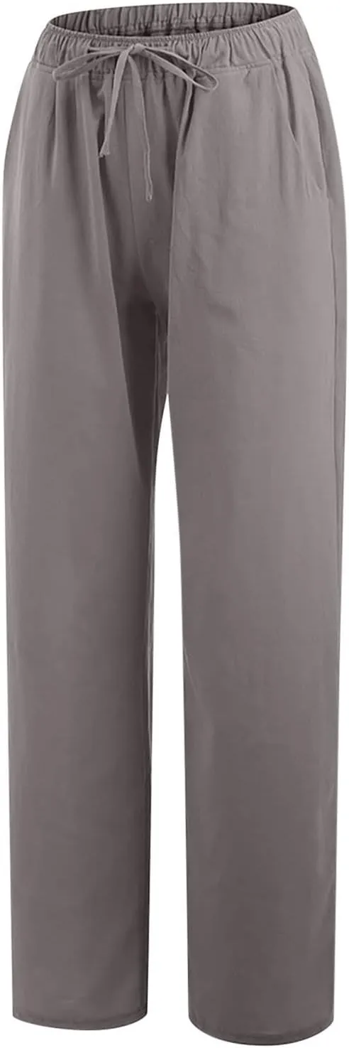 Women Linen Palazzo Pants with Pockets Plus Size Drawstring Summer Bottoms Wide Leg Casual Flowy Beach Trousers