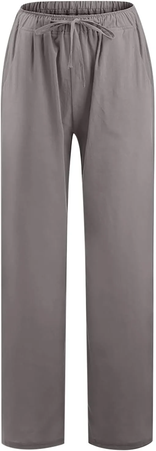 Women Linen Palazzo Pants with Pockets Plus Size Drawstring Summer Bottoms Wide Leg Casual Flowy Beach Trousers