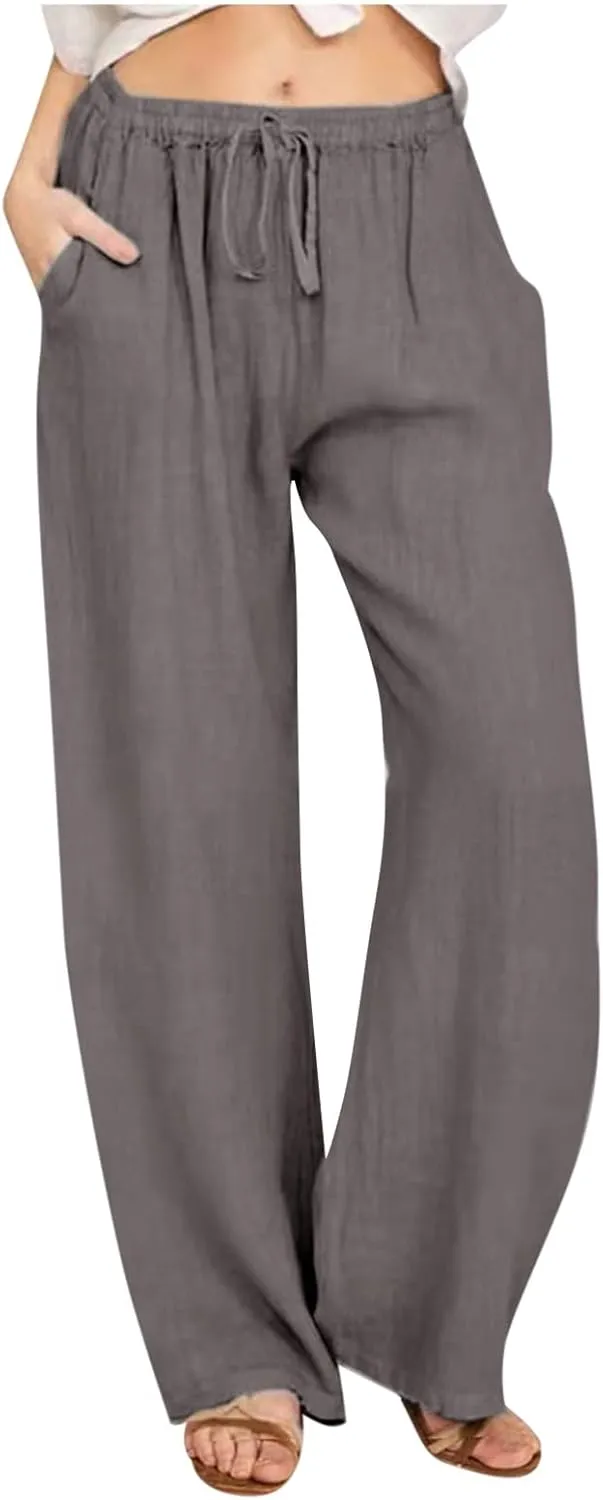 Women Linen Palazzo Pants with Pockets Plus Size Drawstring Summer Bottoms Wide Leg Casual Flowy Beach Trousers