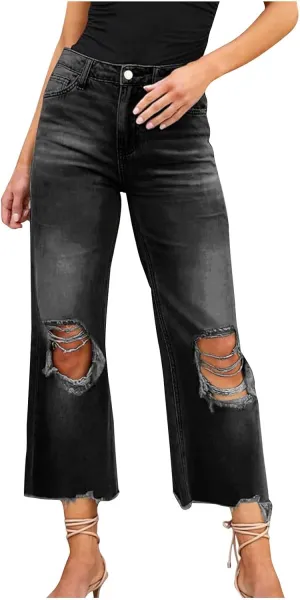 Women Ripped Jeans Wide Leg Capri Pants High Waist Hollow Out Denim Pants Y2K Vintage Casual Loose Trousers Streetwear