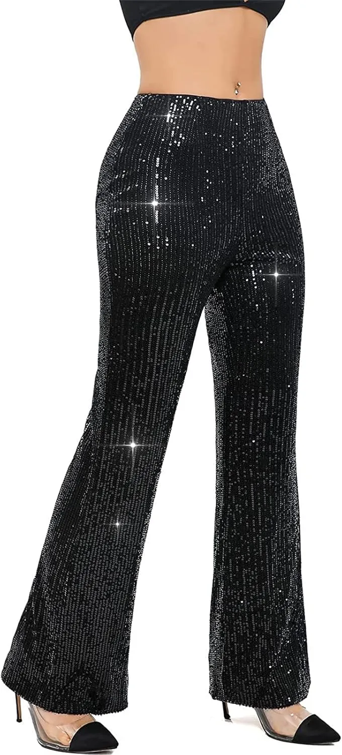 Women Sequin Flare Pants Sparkle Wide Leg High Waist Glitter Shiny Loose Bell Bottom Night Club Long Flared Trousers