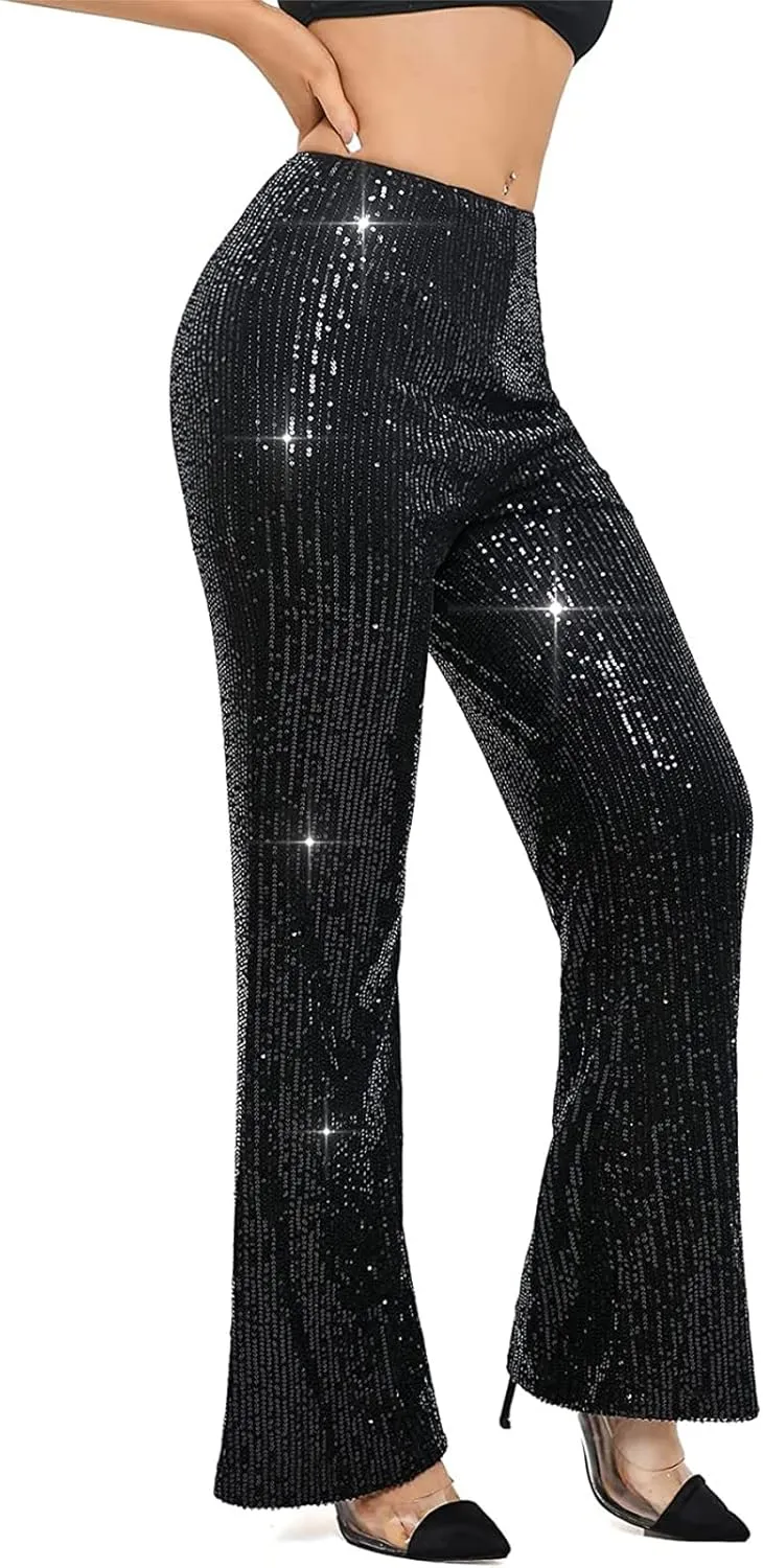 Women Sequin Flare Pants Sparkle Wide Leg High Waist Glitter Shiny Loose Bell Bottom Night Club Long Flared Trousers