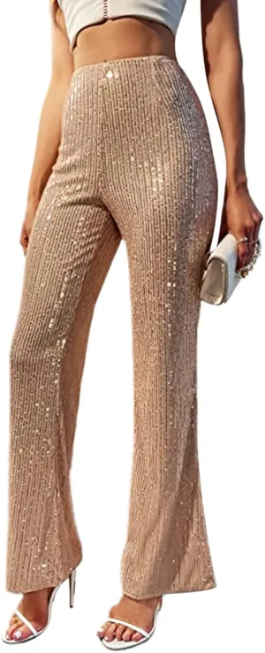 Women Sequin Flare Pants Sparkle Wide Leg High Waist Glitter Shiny Loose Bell Bottom Night Club Long Flared Trousers