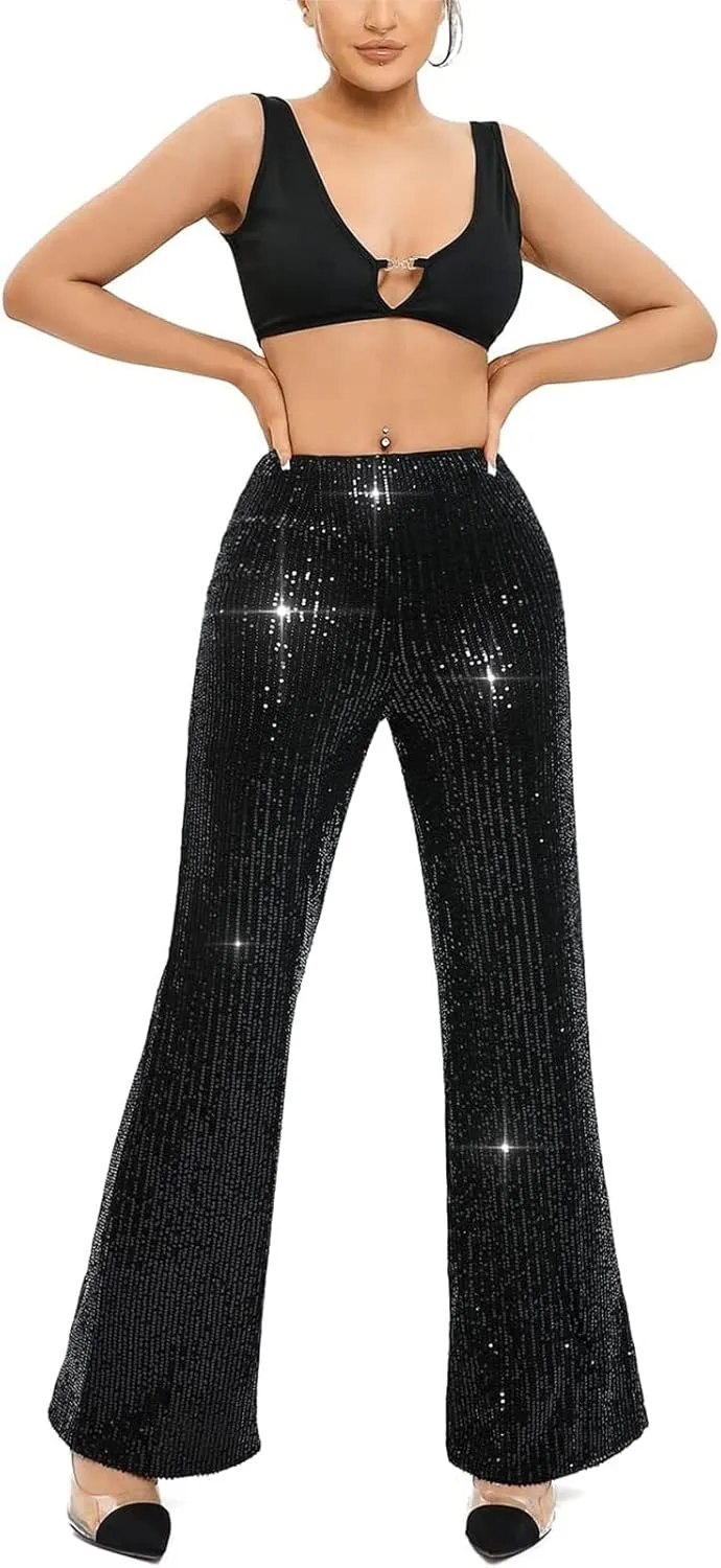 Women Sequin Flare Pants Sparkle Wide Leg High Waist Glitter Shiny Loose Bell Bottom Night Club Long Flared Trousers