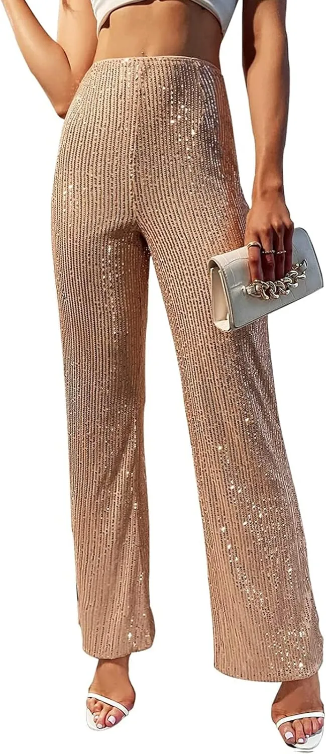 Women Sequin Flare Pants Sparkle Wide Leg High Waist Glitter Shiny Loose Bell Bottom Night Club Long Flared Trousers
