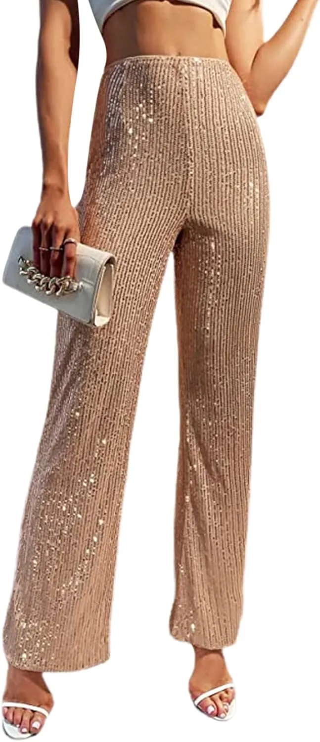 Women Sequin Flare Pants Sparkle Wide Leg High Waist Glitter Shiny Loose Bell Bottom Night Club Long Flared Trousers