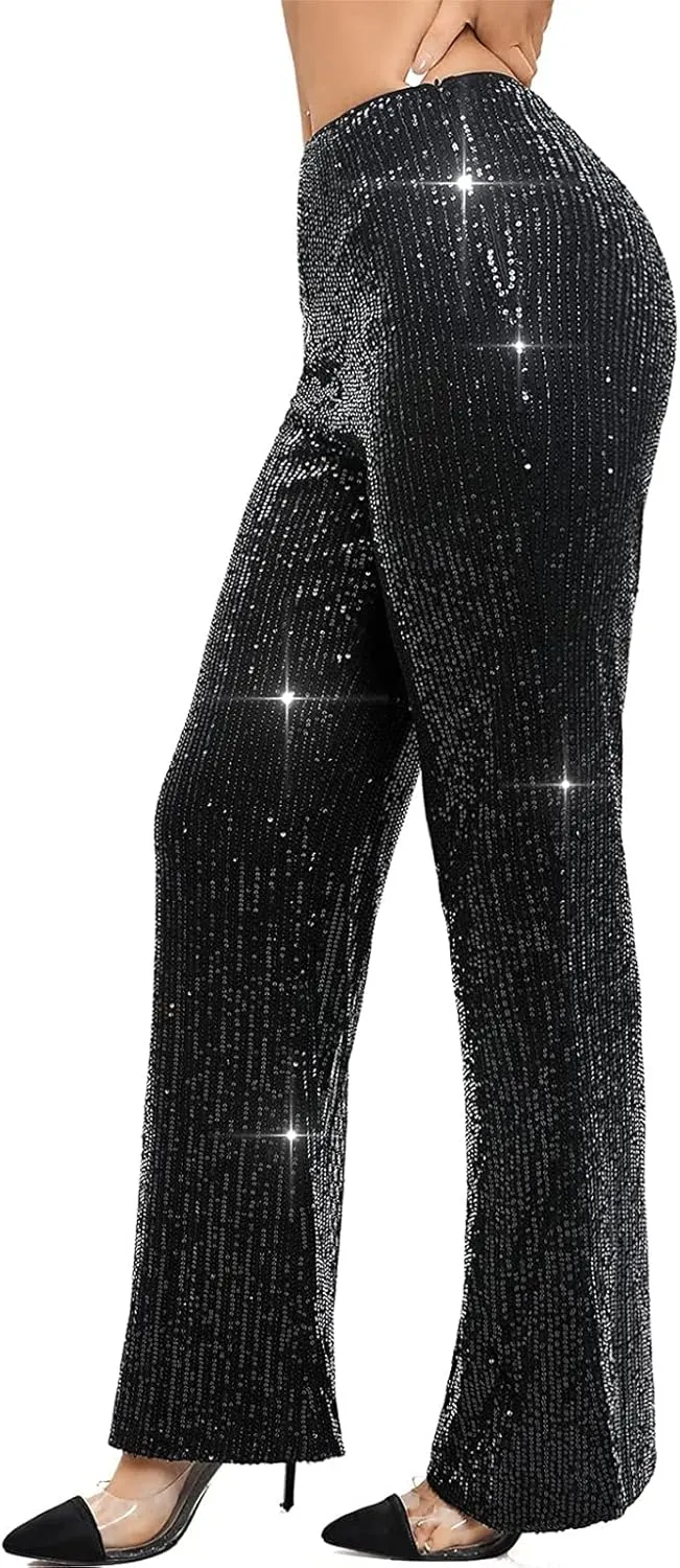 Women Sequin Flare Pants Sparkle Wide Leg High Waist Glitter Shiny Loose Bell Bottom Night Club Long Flared Trousers