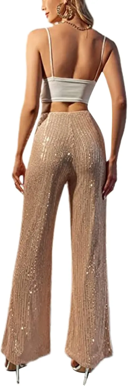 Women Sequin Flare Pants Sparkle Wide Leg High Waist Glitter Shiny Loose Bell Bottom Night Club Long Flared Trousers