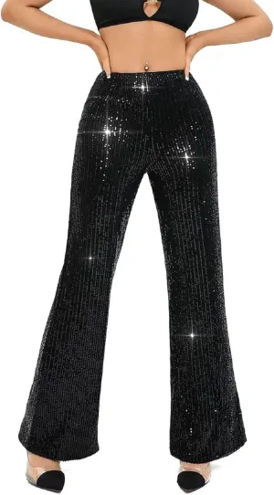 Women Sequin Flare Pants Sparkle Wide Leg High Waist Glitter Shiny Loose Bell Bottom Night Club Long Flared Trousers
