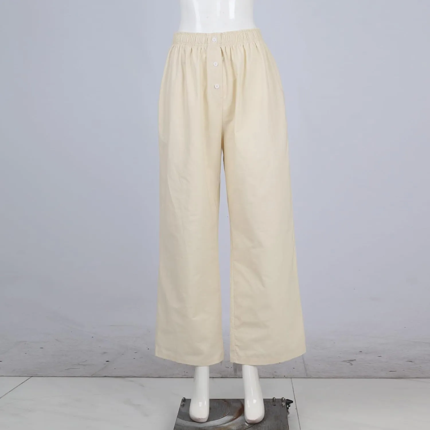 Women Smocked High Waist Straight Wide Leg Trousers Loose Fit Lounge Pants Pockets Linen Beach Flowy Dressy Palazzo